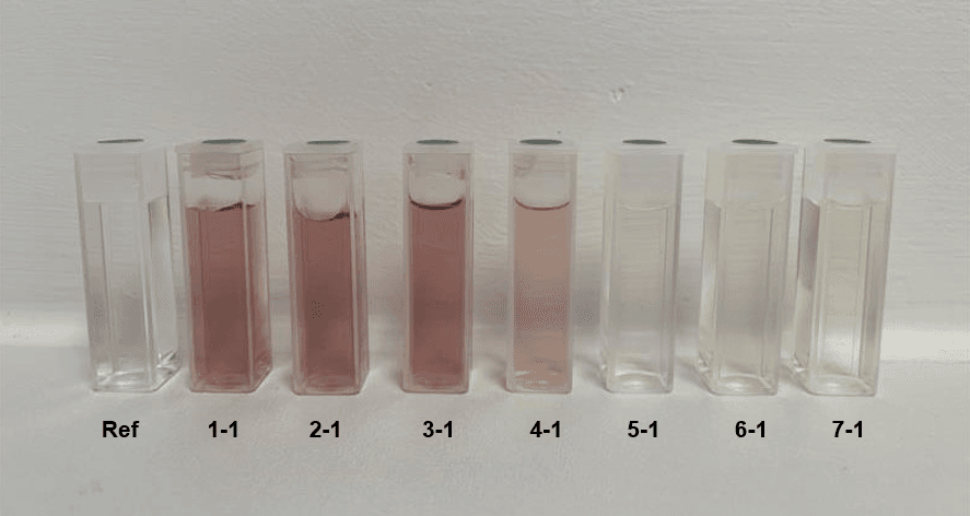 Samples of wine and deionised water (Ref) for colour analysis