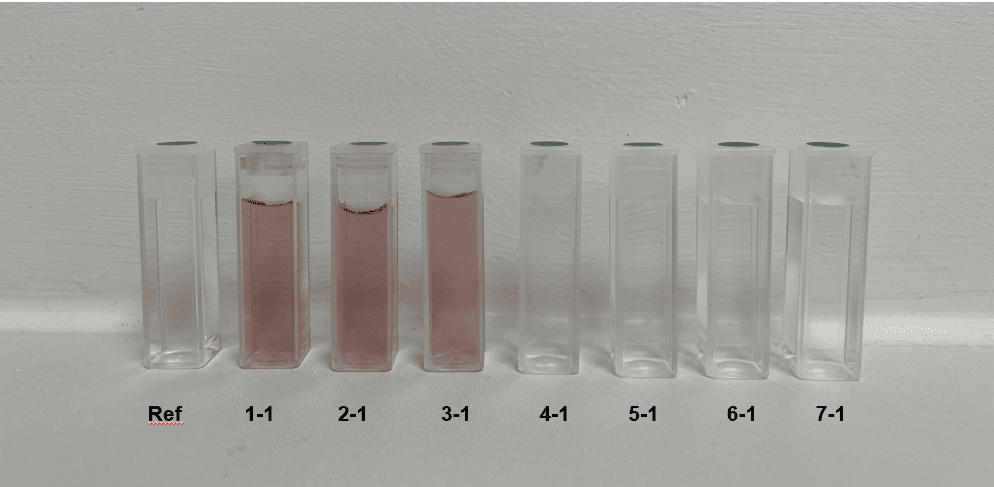 Samples of wine and deionised water (Ref) for phenolic analysis